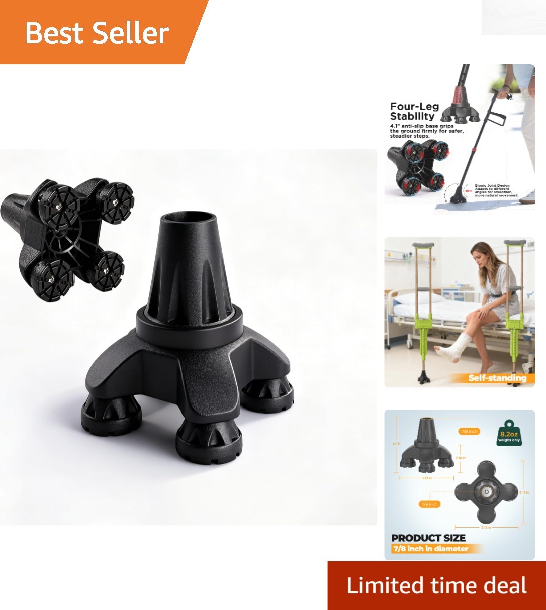 Durable Anti-Slip 4-Prong Cane Tip with Shock Absorption for Safer Mobility