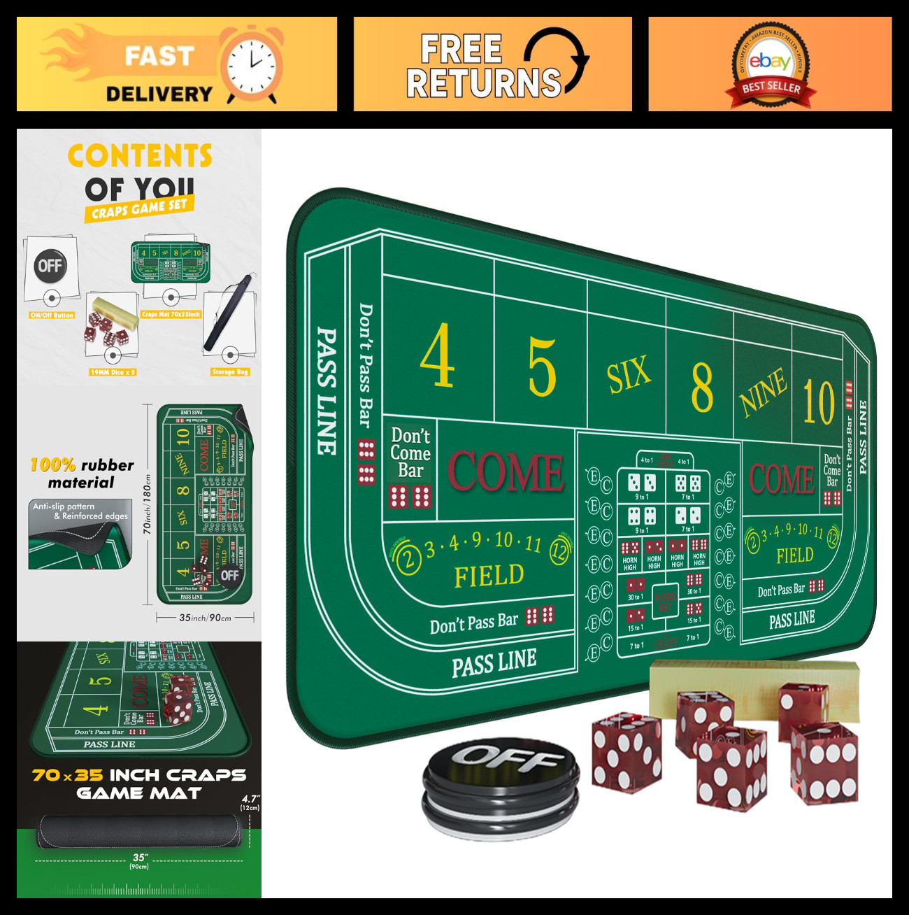 Craps Table Mat 70" x 35" with Poker Button & Storage Bag - Casino Game Layout