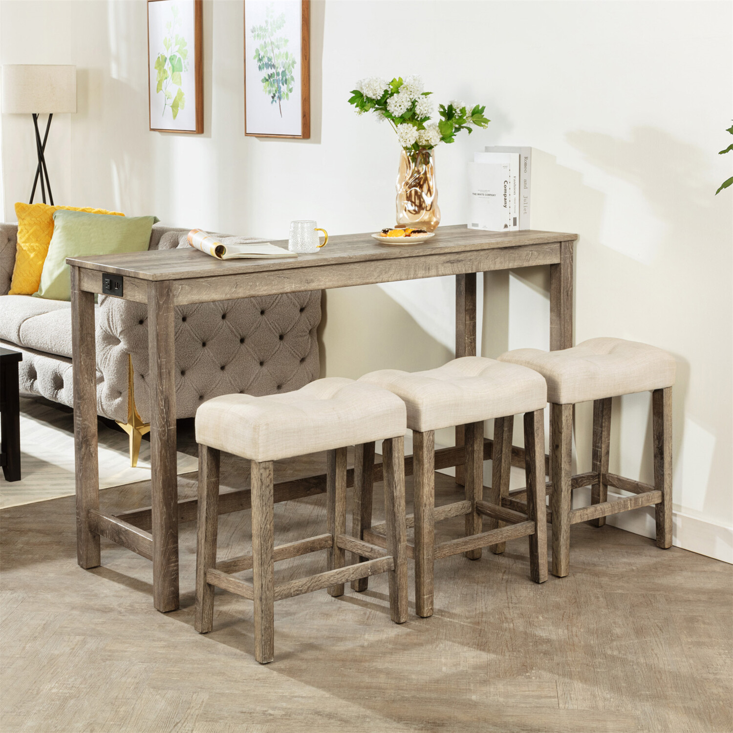 4 Piece Bar Table Set Counter Height Kitchen Dining Table w/ 3 Stools US