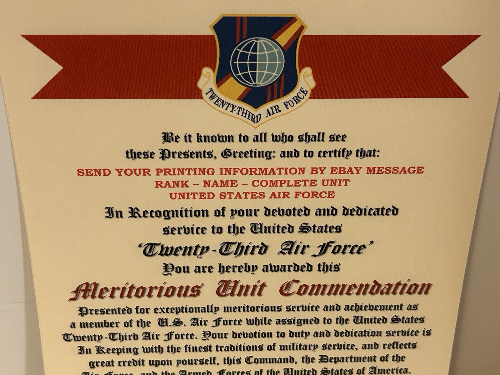 U.S. AIR FORCE / 23RD AIR FORCE - MERITORIOUS UNIT COMMENDATION CERTIFICATE