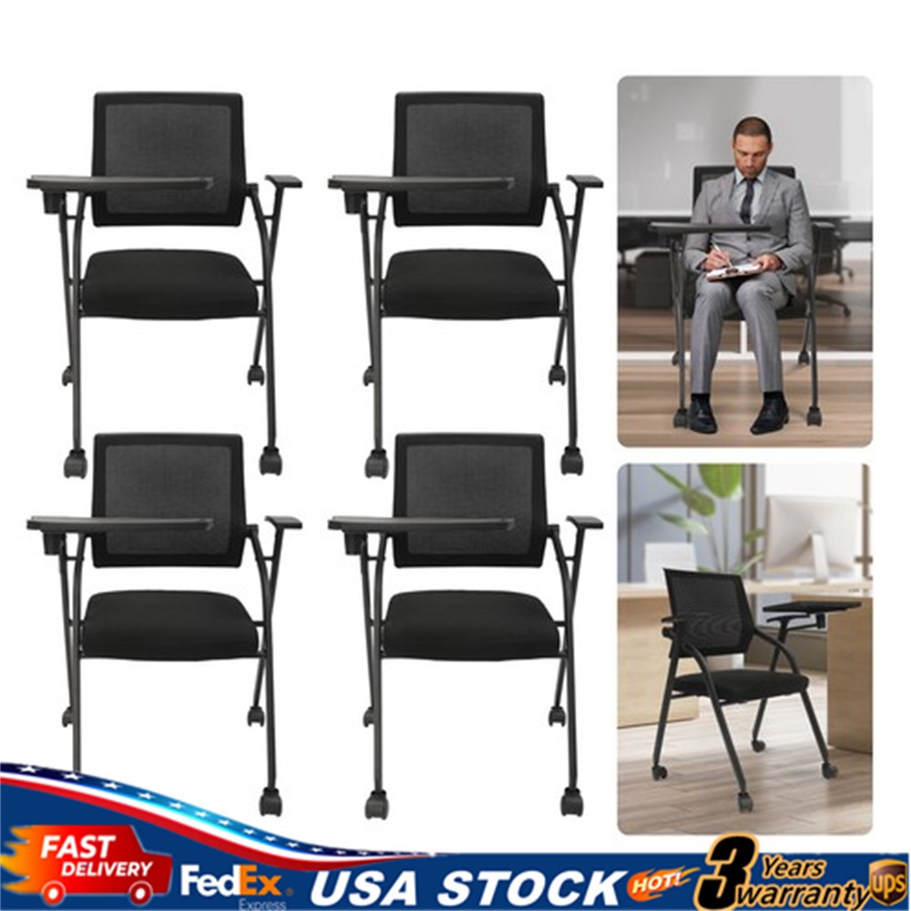 4 Pack Foldable Office Chairs with Tablet Arm, Black Mesh Collapsible Desk Chair