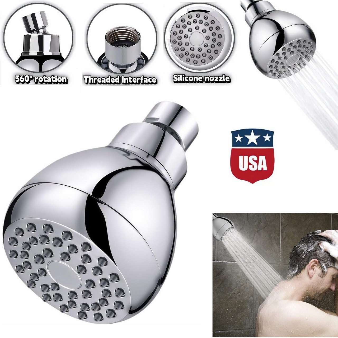 High Pressure Shower Head Chrome 360° Rotating Rain Spray Water Saving 3 Inch US