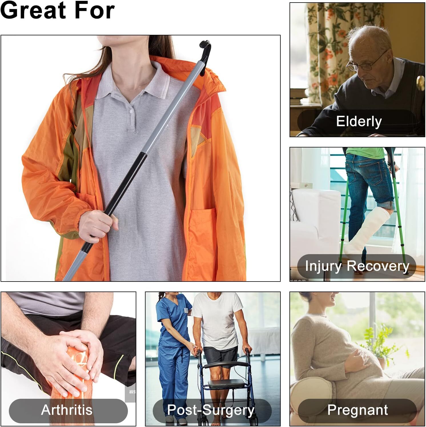 35" Long Dressing Stick With Shoe Horn With Sock Removal Tool, Adjustable Extend