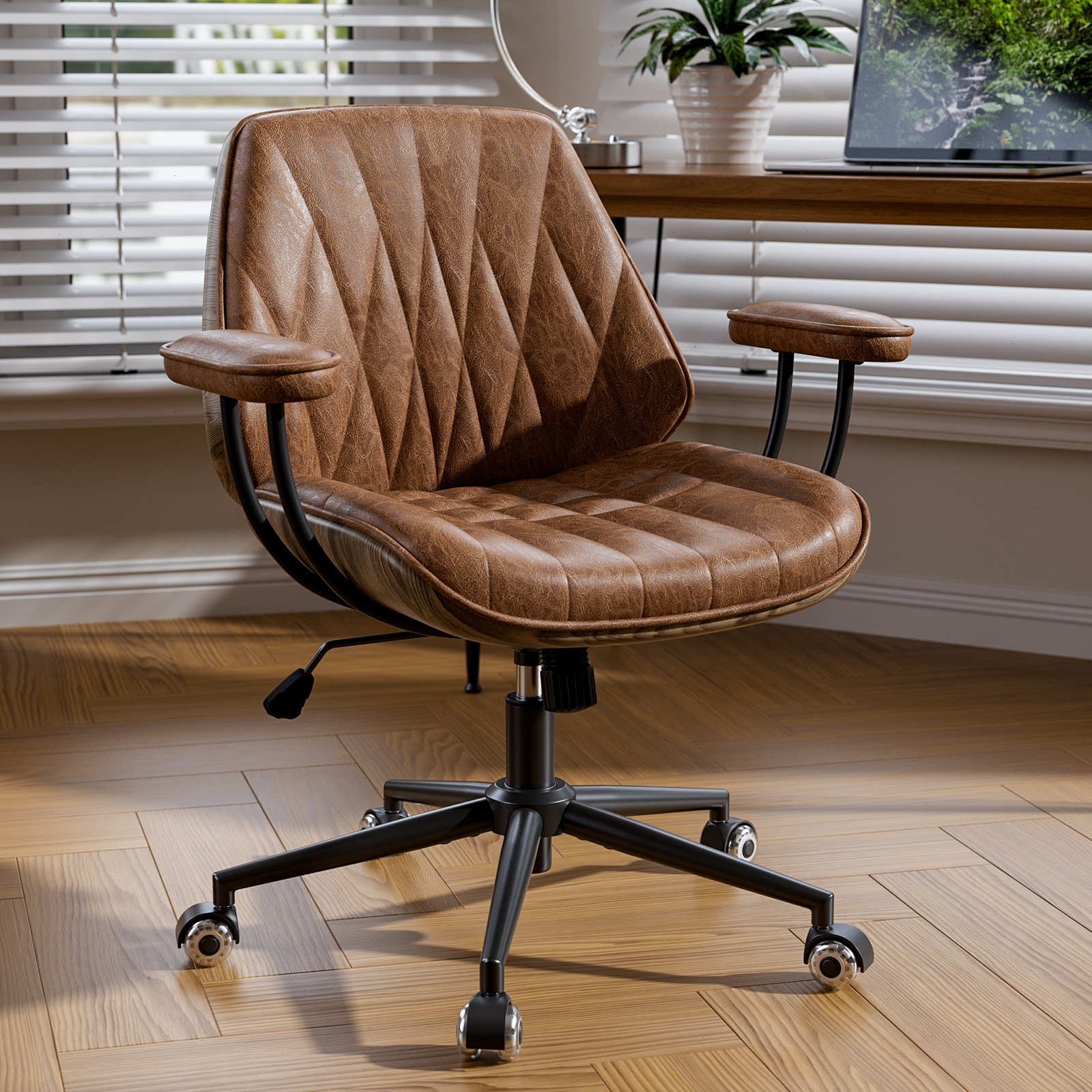Office Desk Chair Mid Century Modern Faux Leather Adjustable Height Swivel Arms
