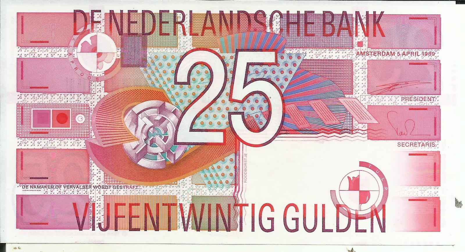 NETHERLANDS 25 GULDEN 1989  P 100. UNC CONDITION. 4RW 20 OCT