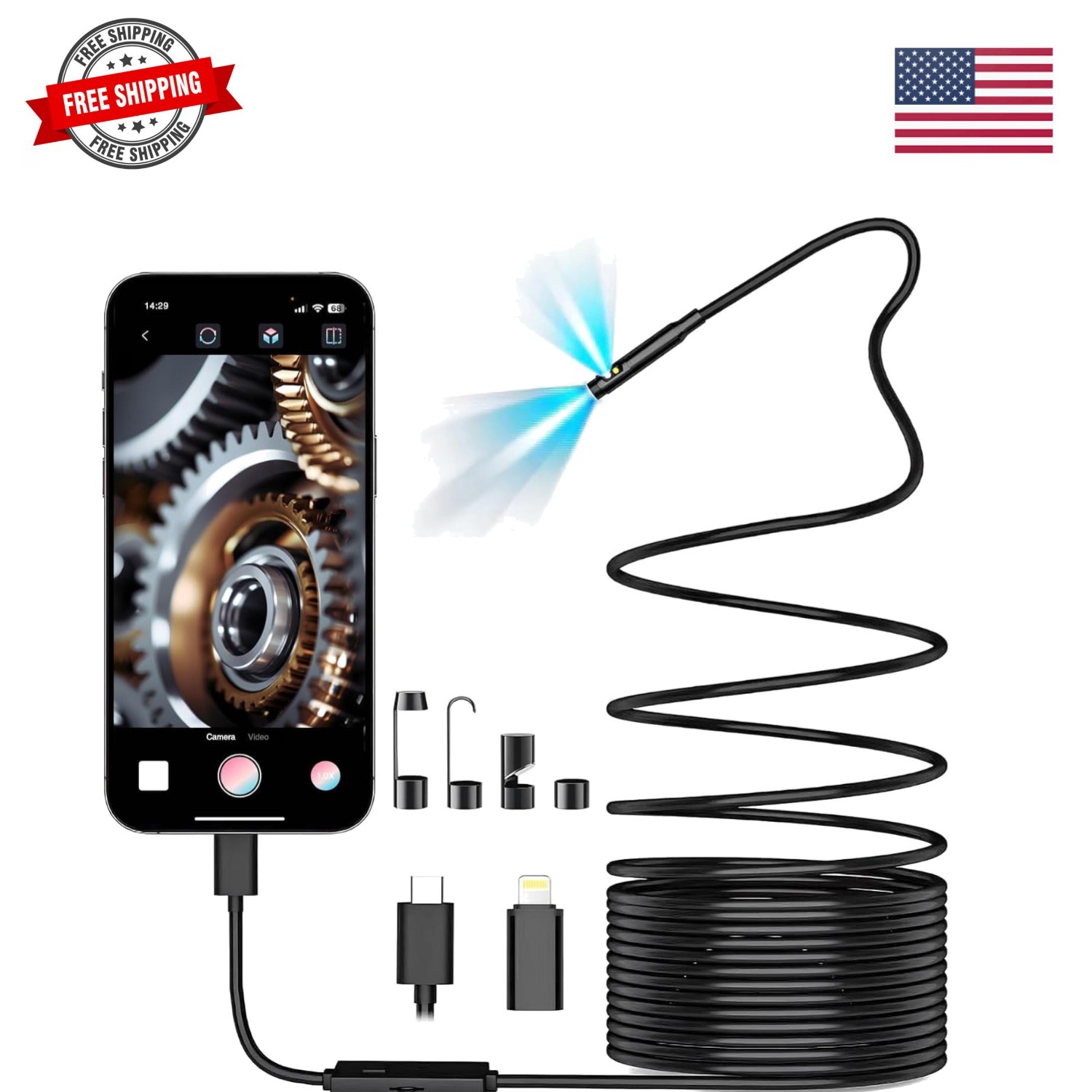 Dual-Lens Endoscope Camera with Light,Borescope with 8 Adjustable LED Lights ...