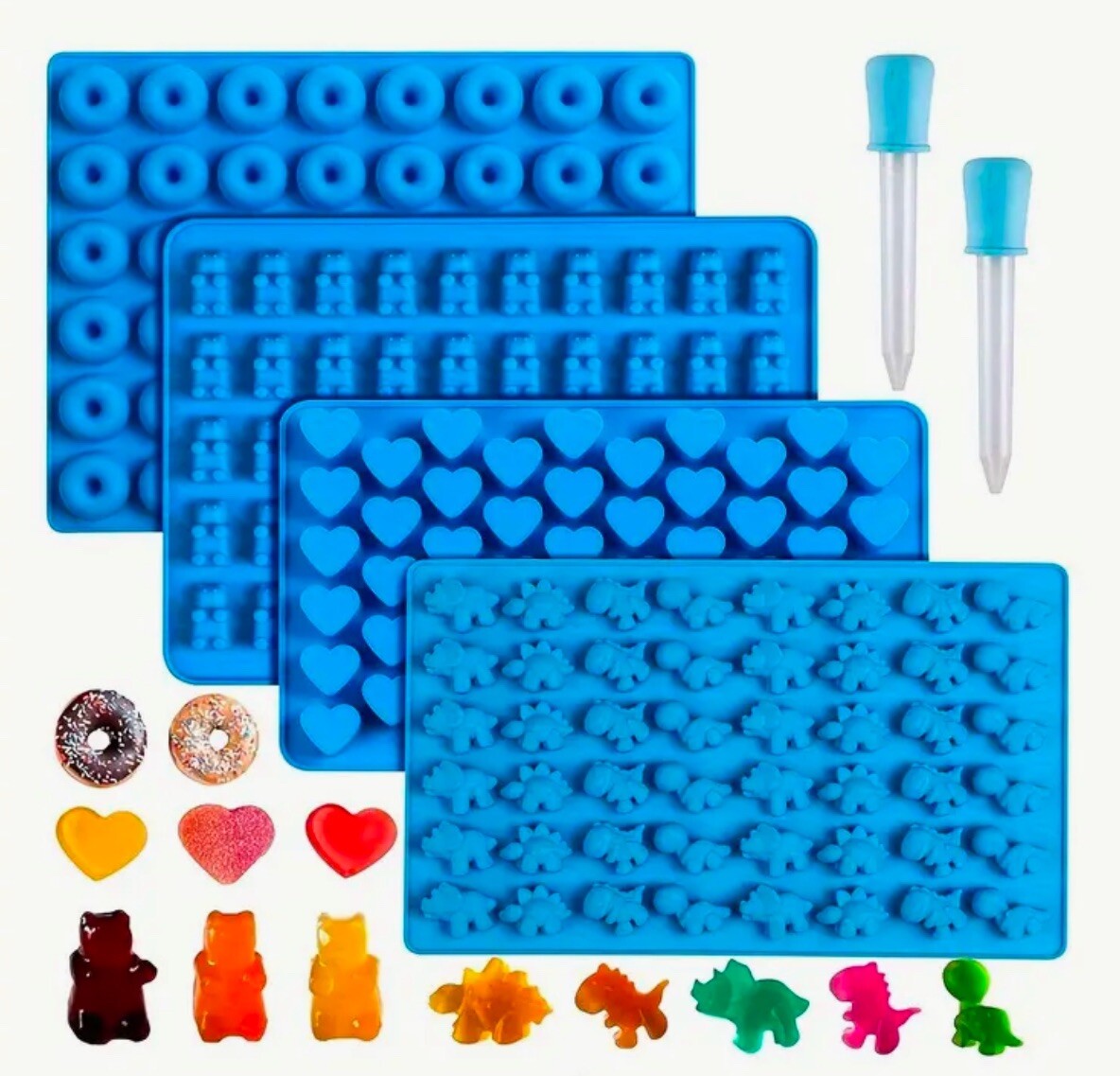 4 Piece Silicone Mold Set W/2 Droppers,DiY Donuts Shape,Bear,Heart,dino BPA Free
