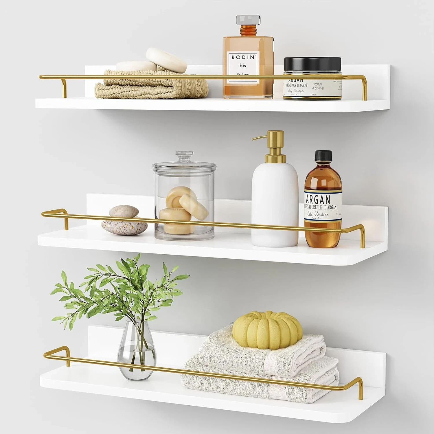 Gold Floating Shelves for Wall Decor Set of 3 Bathroom Shelves over Toilet
