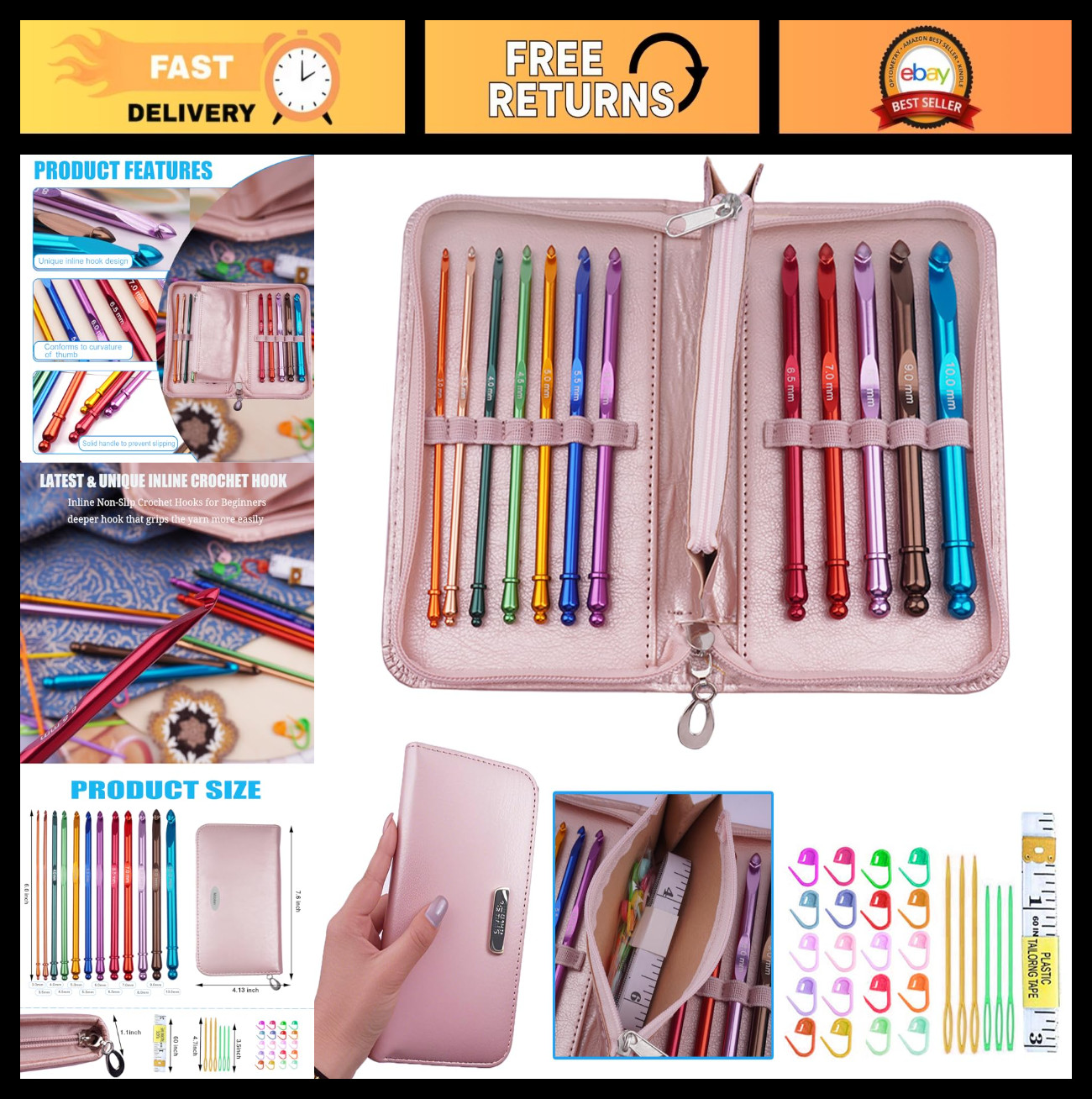 Ergonomic Inline Crochet Hook Set with Case, Non-Slip for Arthritic Hands, 3mm-1