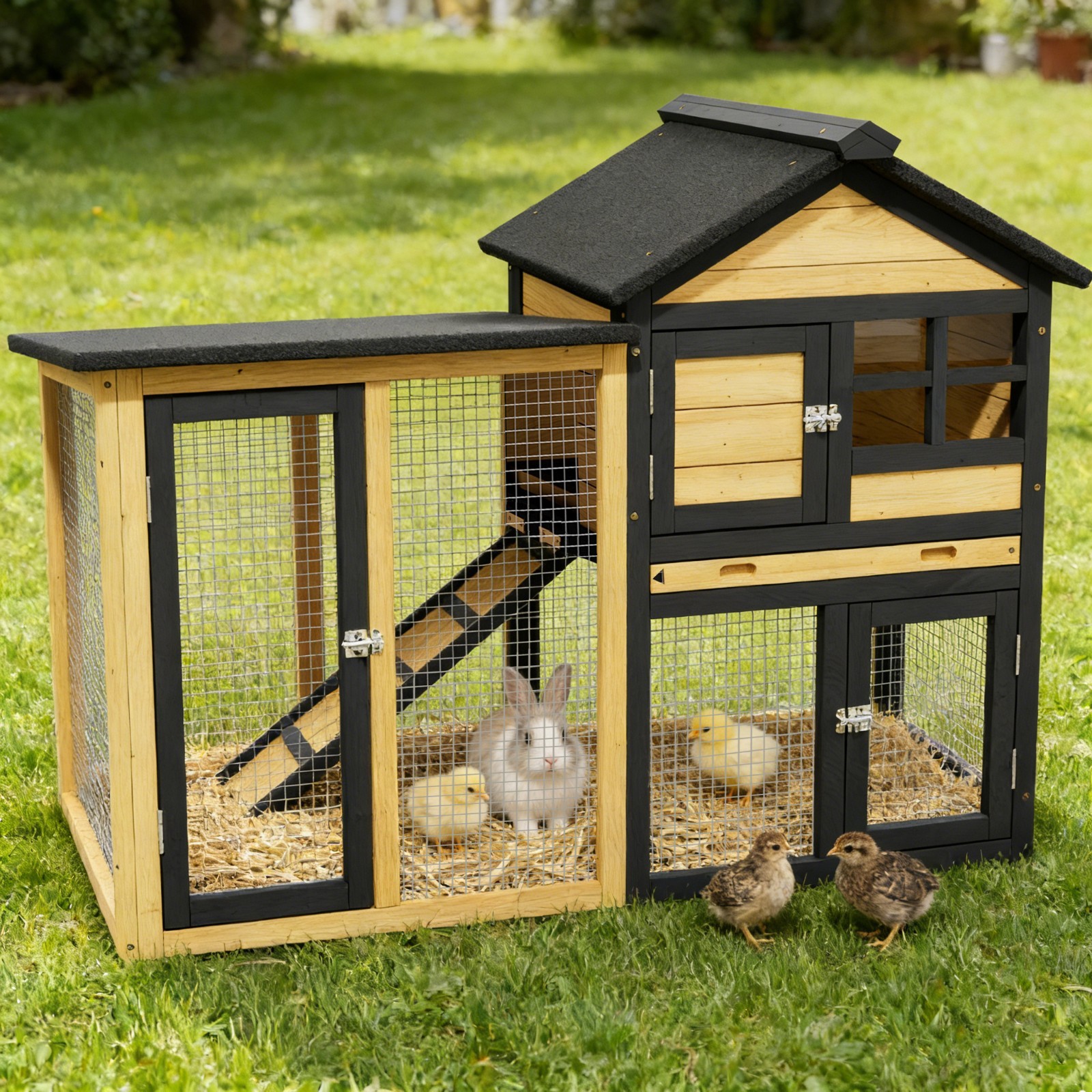 Wooden Quail Cage，Quail Coop Outdoor with Run -Bunny Cage with Tray，Weatherproof