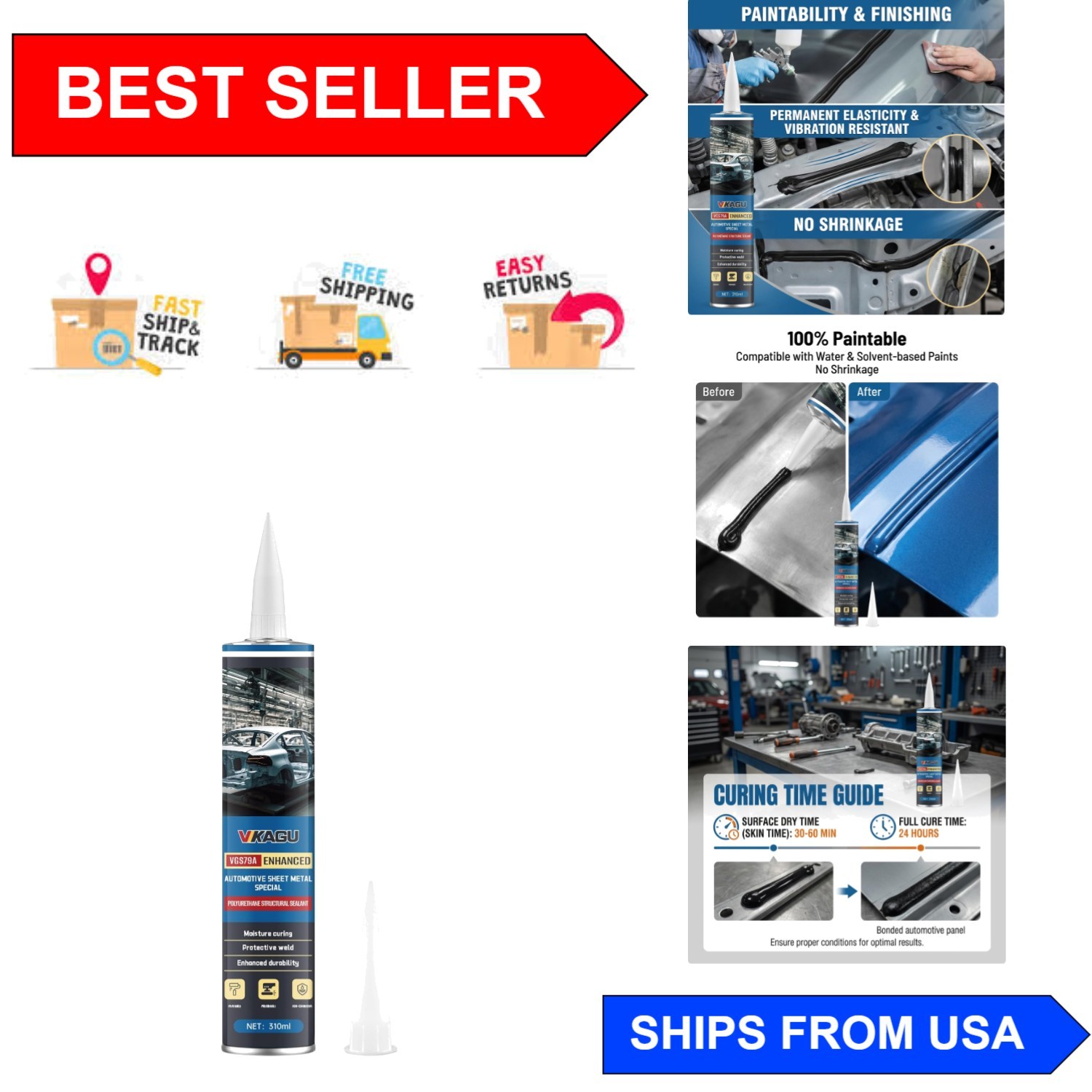 Versatile Black Polyurethane Sealant for Automotive Use - 10.5 oz High Strength