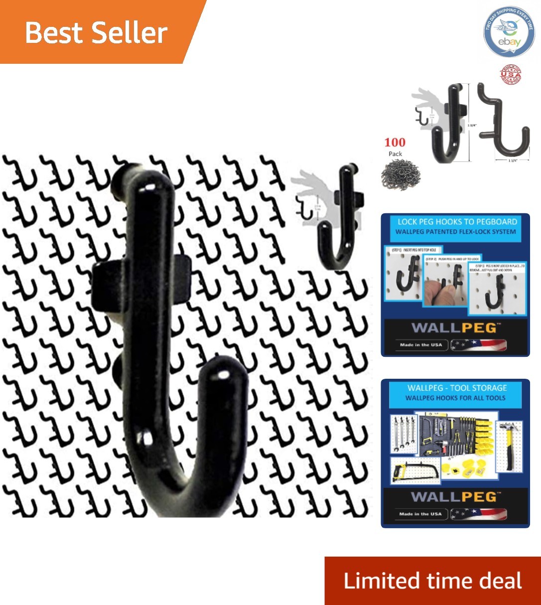 Versatile 100-Piece Black J-Style Peg Hooks with FlexLock for Home Organization