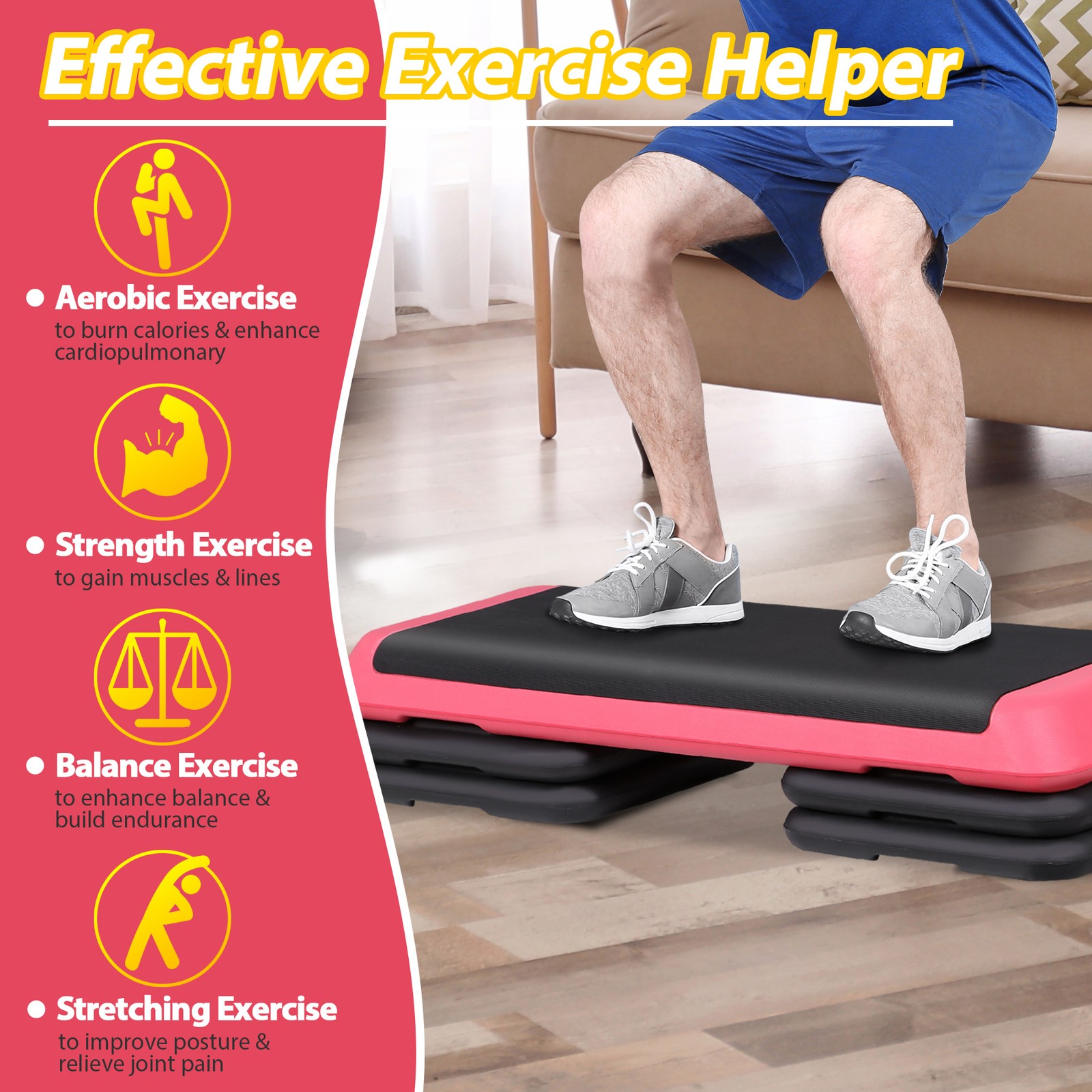 43" Adjustable Aerobic Step Platform Exercise Workout Stepper W/Riser Pink