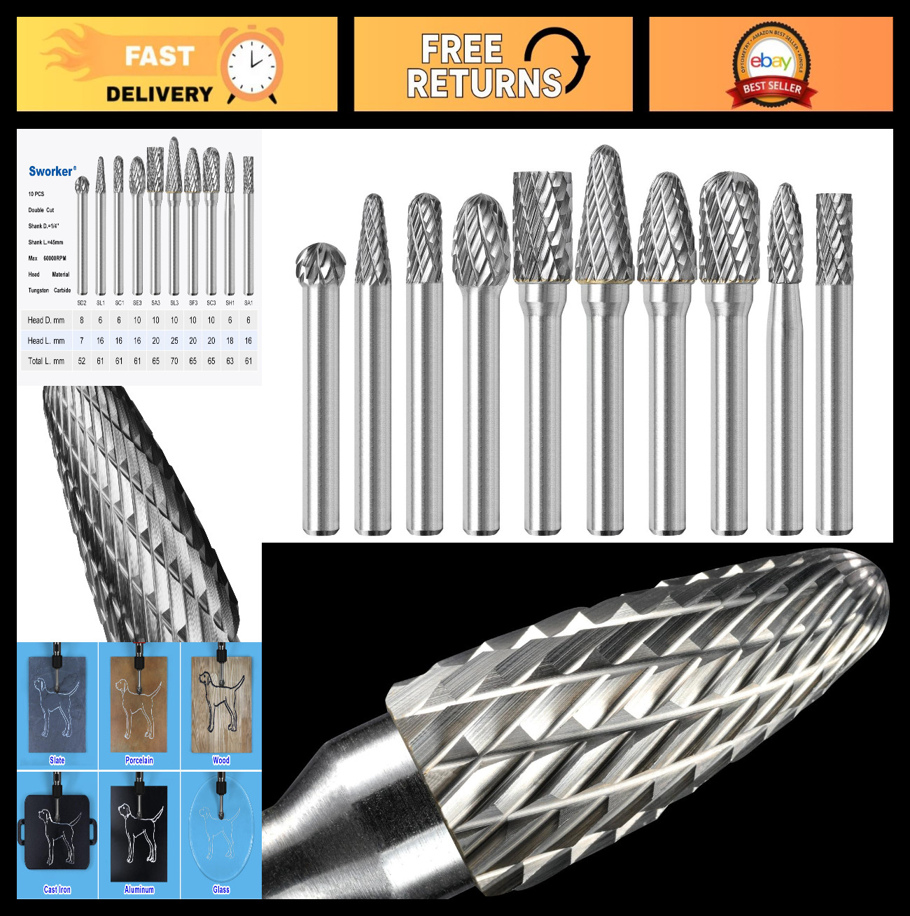 10Pcs Carbide Burr Set 1/4" Shank - Die Grinder Bits for Metal, Wood, Stone, Ste