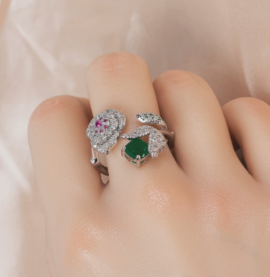 Pretty Multicolor CZ Pave Double Form Rose Elegant Women Silver Plated Open Ring