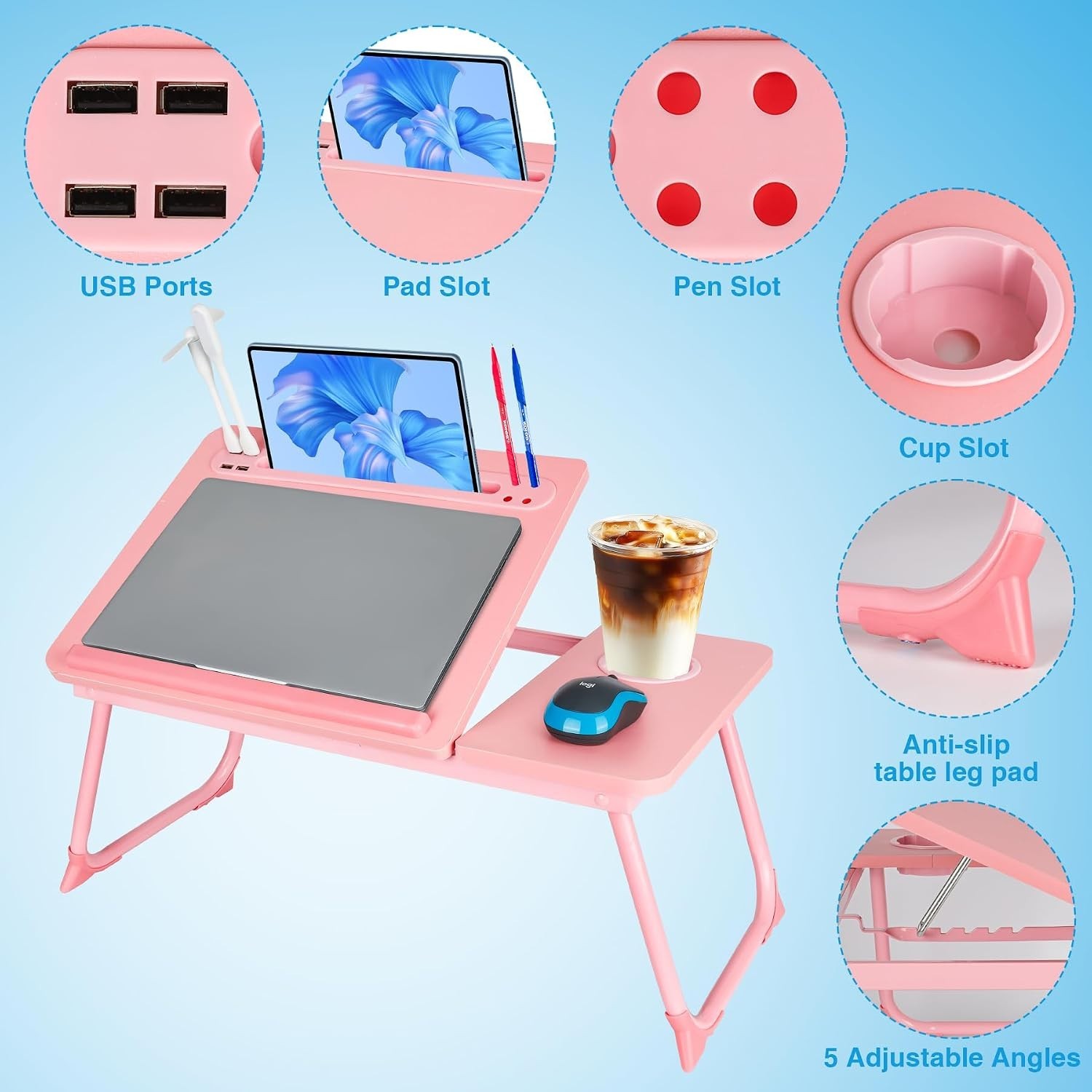 Laptop Bed Desk, Adjustable Lap Desk, Small Laptop Table with USB Charge Port...