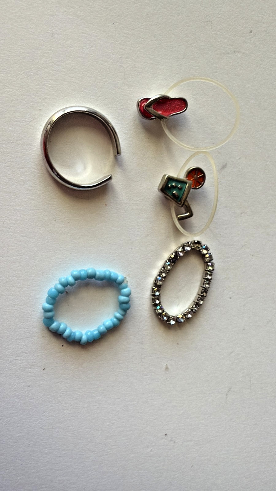 NIB 5 AVON ADJUSTABLE TOE RINGS BLUE BEADS, FLIP FLOP, LEMONADE, SILVER TONE