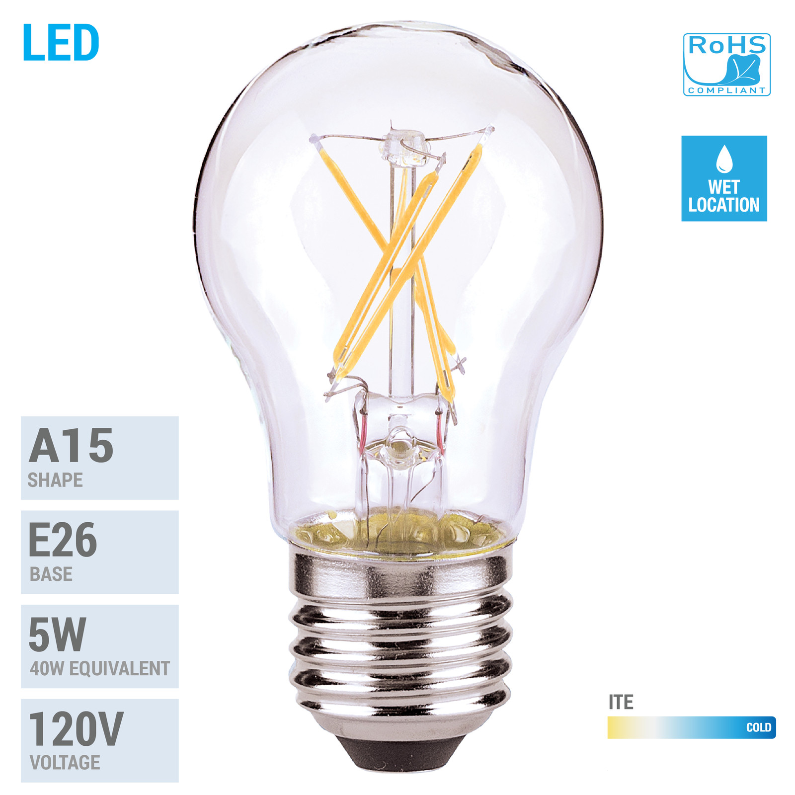 LED Filament Bulb 5W =40W A15 Damp Location Medium E26 Clear 2700K Warm White