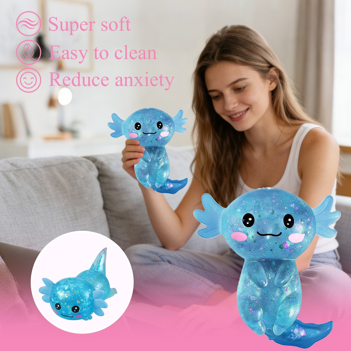 Axolotl Squishy Stress Relief Toy Glitter Cute Malt Sugar Fidget Toys for Kids