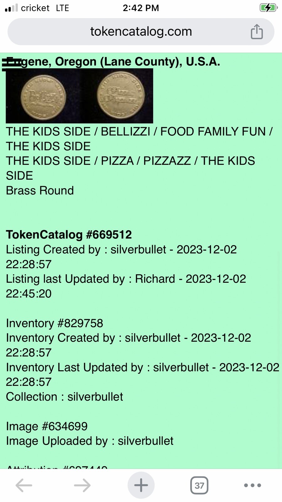 Advertisement Token - Bellizza Pizza - Eugene, Oregon