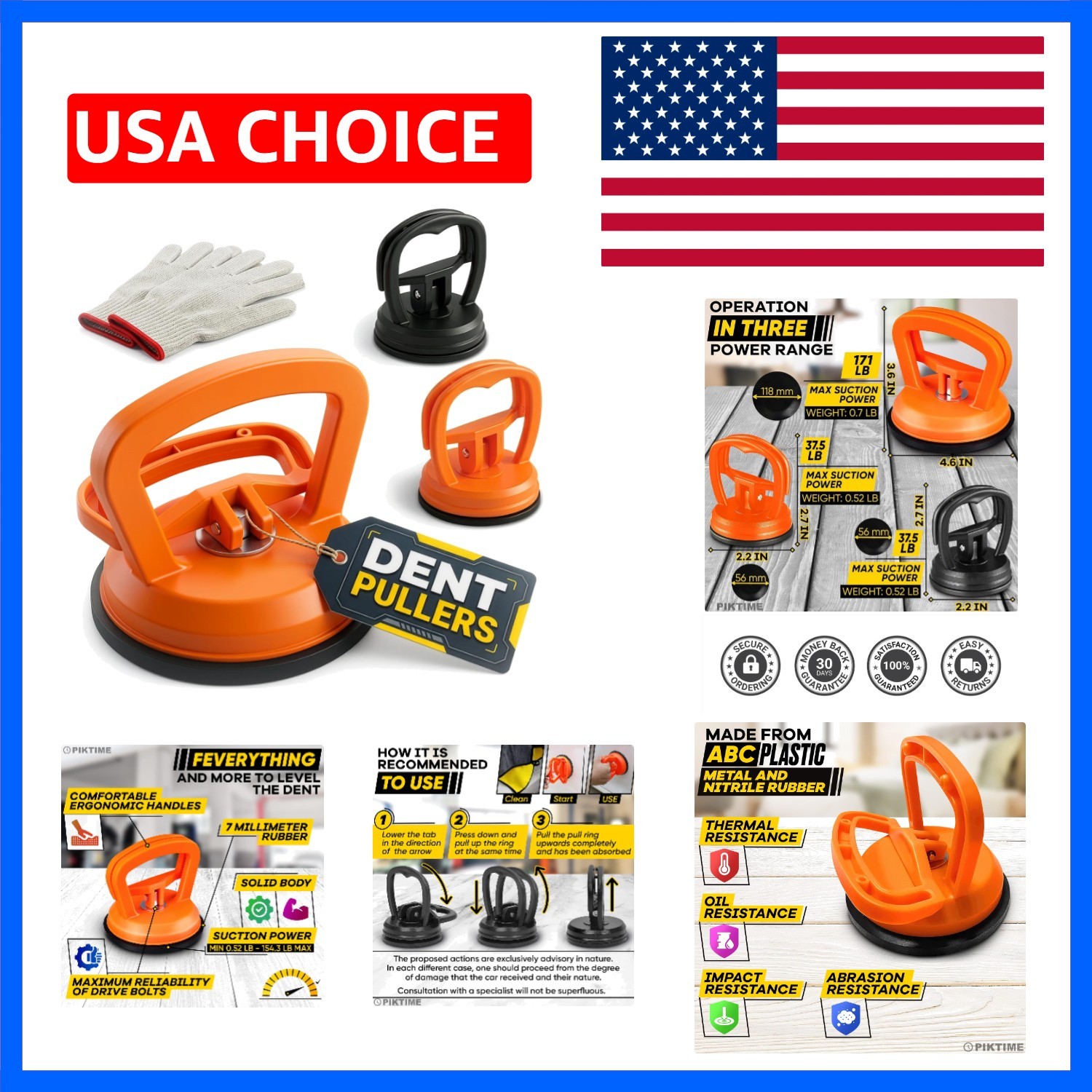 Car Dent Puller, 3 Pcs, One Large 4.6" and Two Small 2.2", Gloves | Rubber Su...