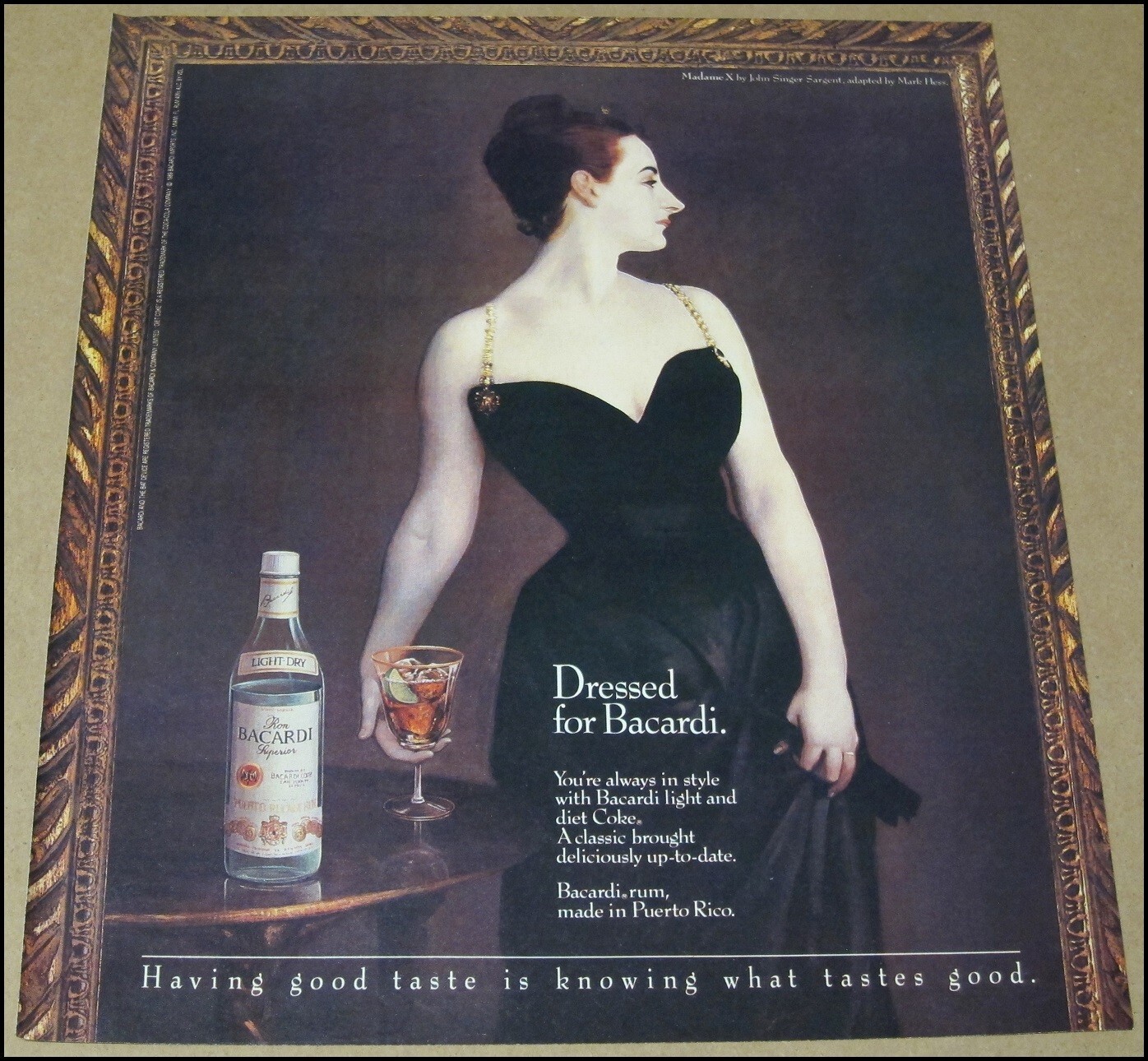 1989 Bacardi Portrait of Madame X Print Ad Advertisement Vintage 10"x12" Sargent