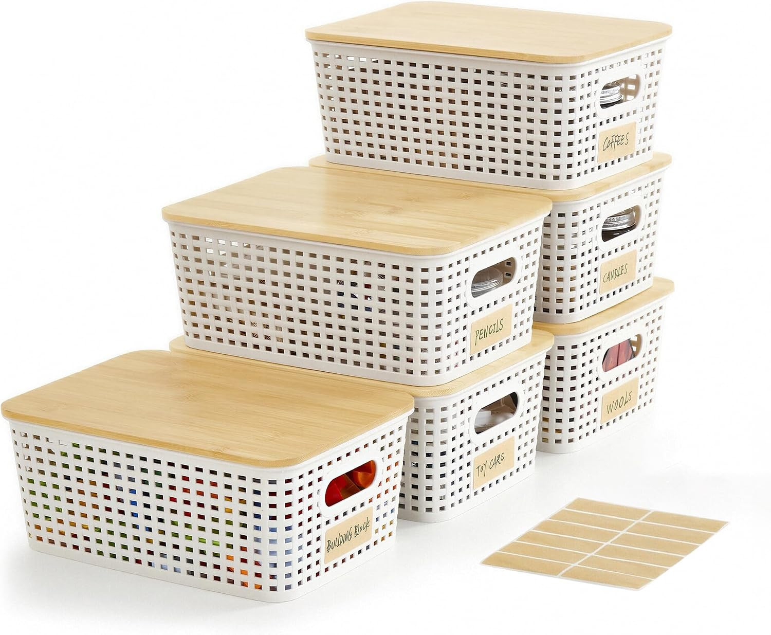 Small Plastic Storage Bins with Bamboo Lids 5.2Qt Stackable Box Basket Pantry De