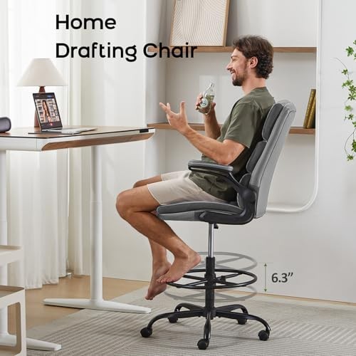 Tall Ergonomic Drafting Chair with Padded Armrests, Adjustable Footrest, Gray