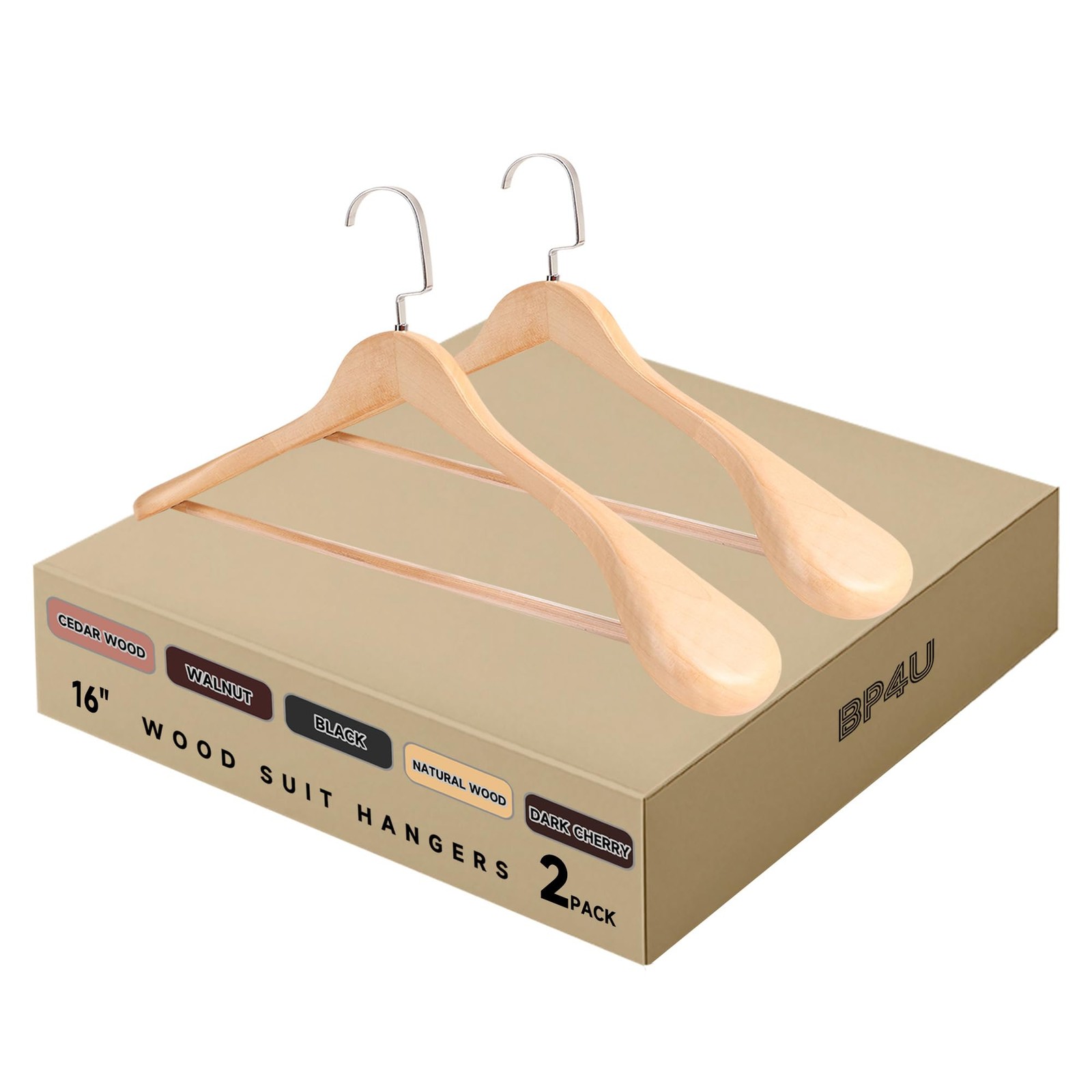 16-Inch Wooden Suit Hangers with Non Slip Pants Bar, 2-Pack Wood Extra-Wide S...