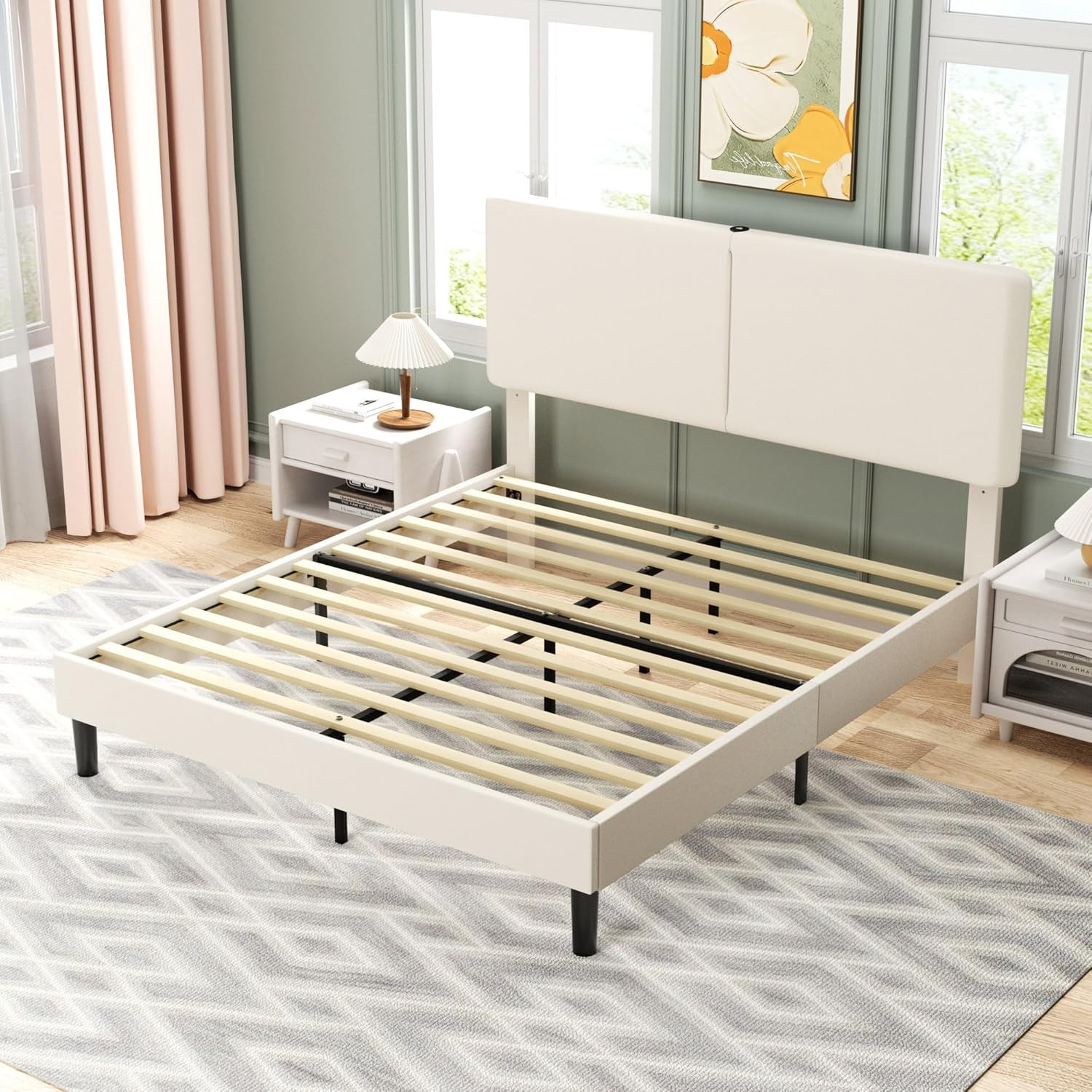 Full Bed Frame with Type-C & USB Ports, Upholstered Platform Height-Adjustble