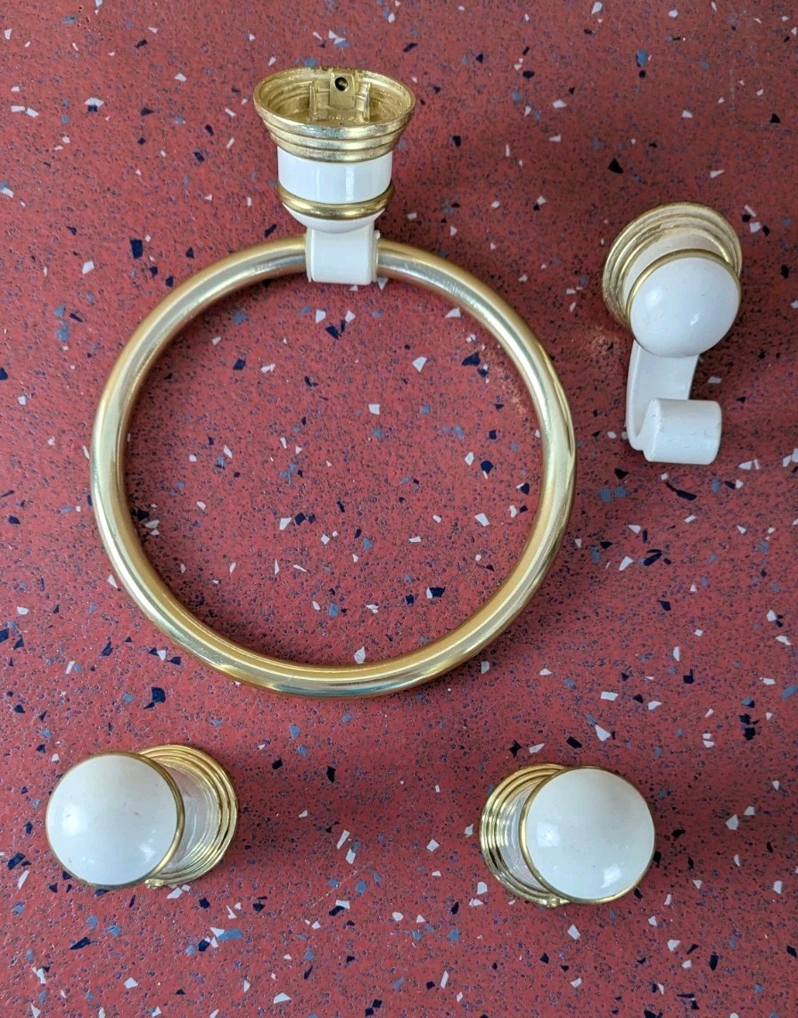 3 Piece Brass Color And White Bathroom Set Hand Towel Hook And Toilet Paper