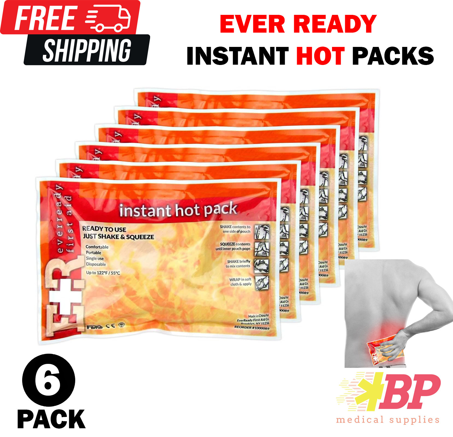 Ever Ready First Aid Disposable Instant Hot Pack 6" x 9" Ready to Use - 6 Pack