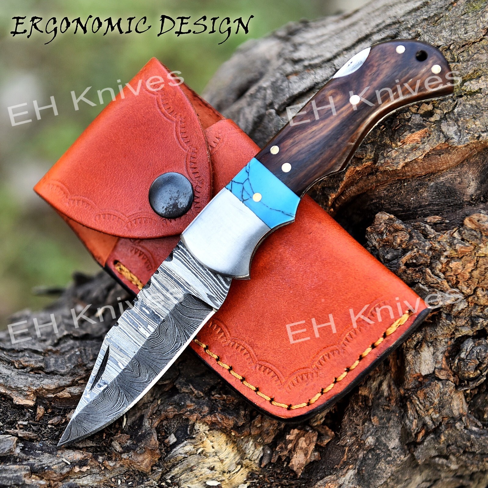 7'' Handmade Damascus Steel Camping EDC Modern Folding Knife with Sheath