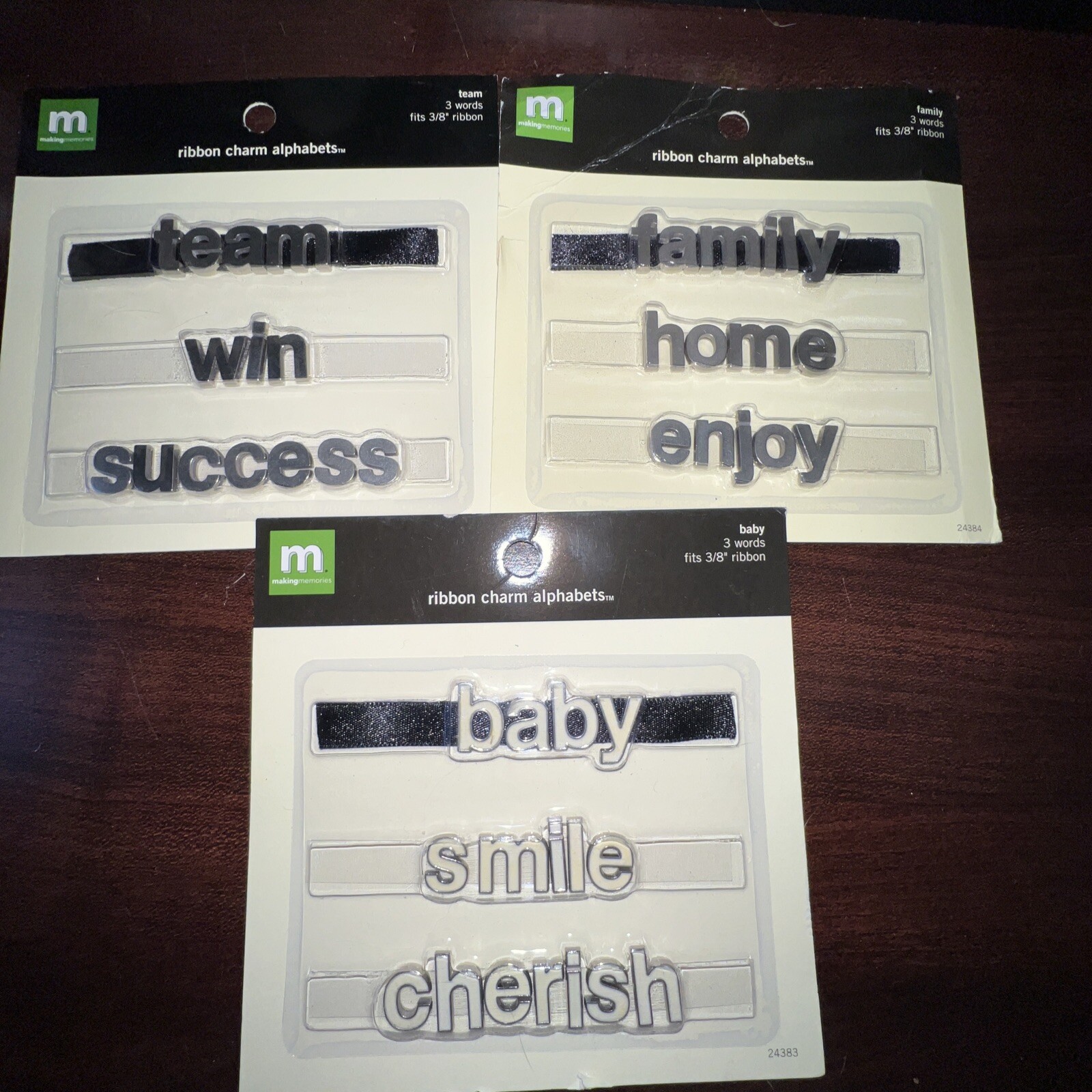 Ribbon Charm Words By Making Memories  - Lot 3 Packages Of 3 Words Each