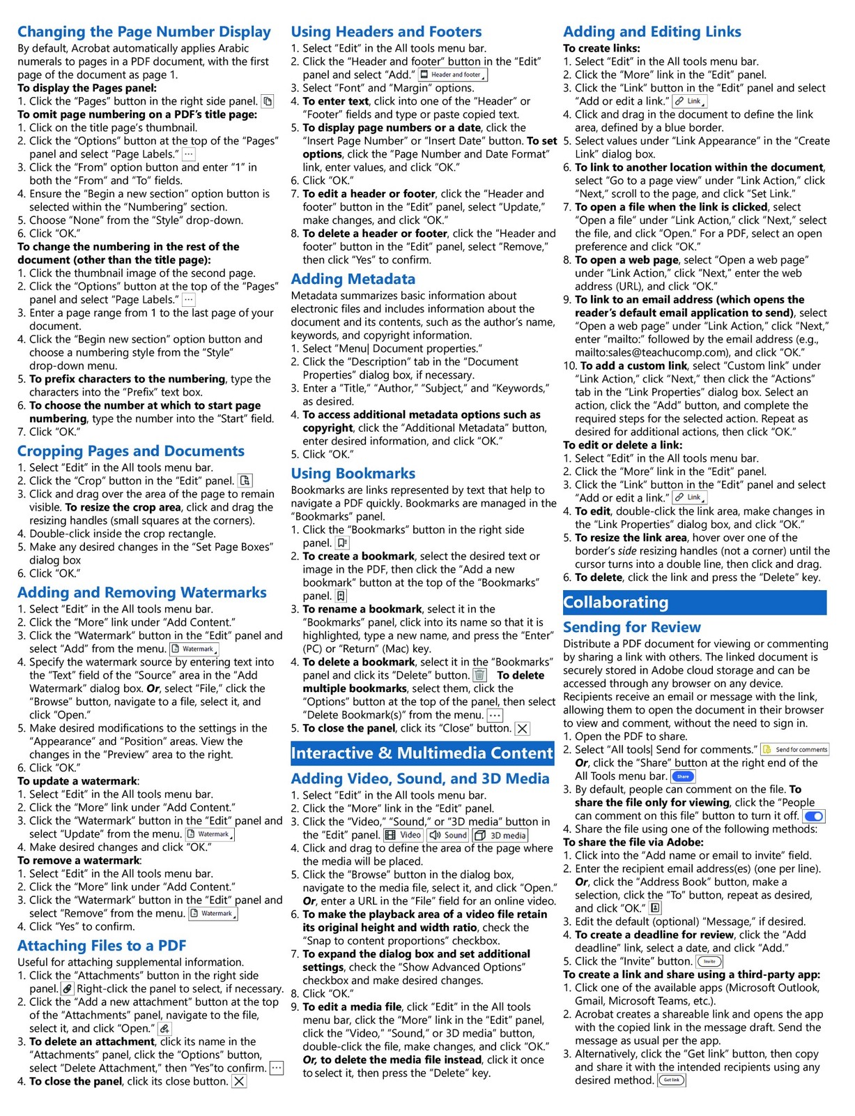 TeachUcomp for Adobe Acrobat DC Training Guide Quick Reference Card Cheat Sheet