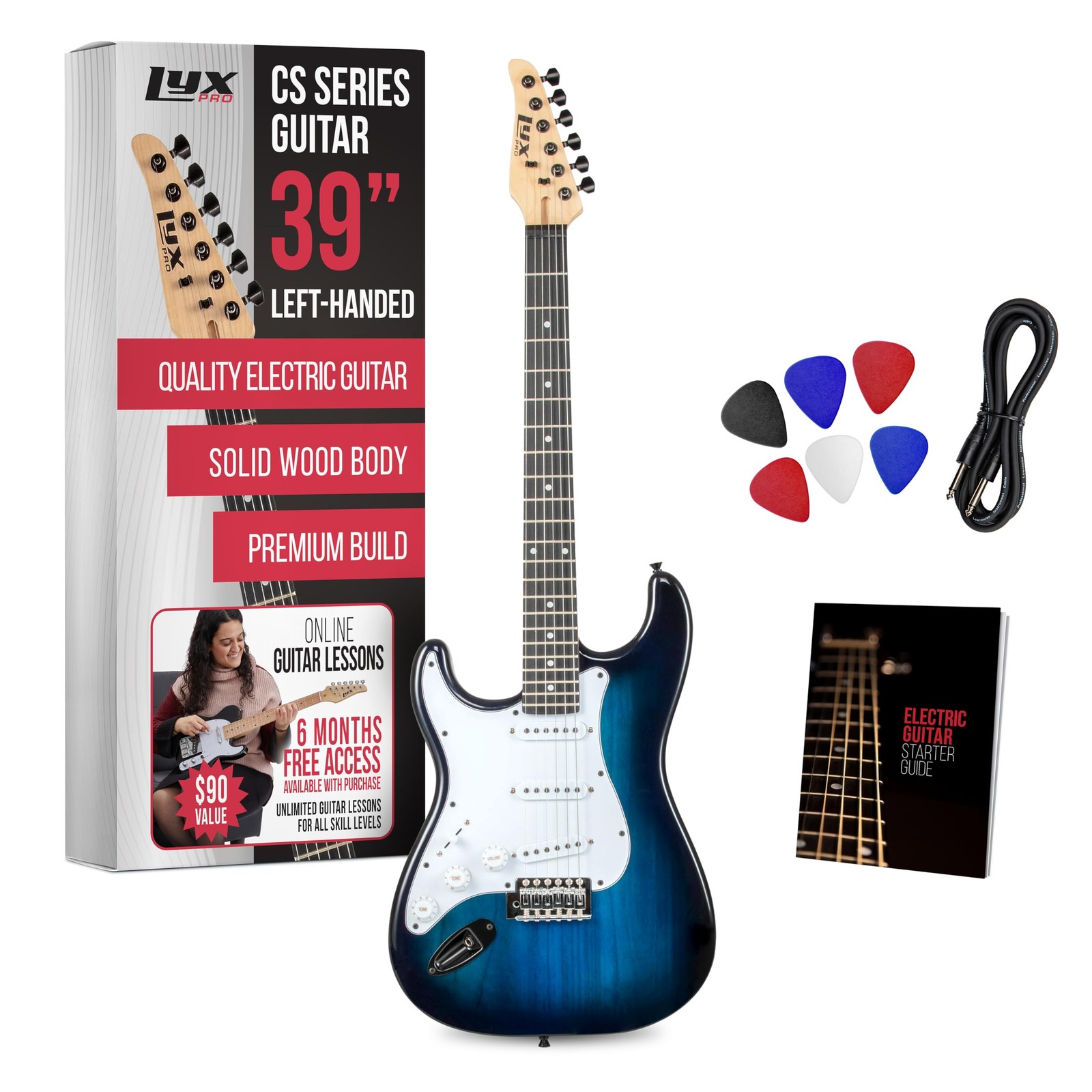 LyxPro CS Left Handed 39” Electric Guitar & Electric Guitar Accessories, Blue