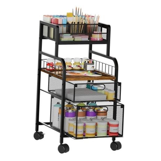 Rolling Cart with Drawers - Metal Craft Cart with 4 Tiers 4 Tiers-Espresso