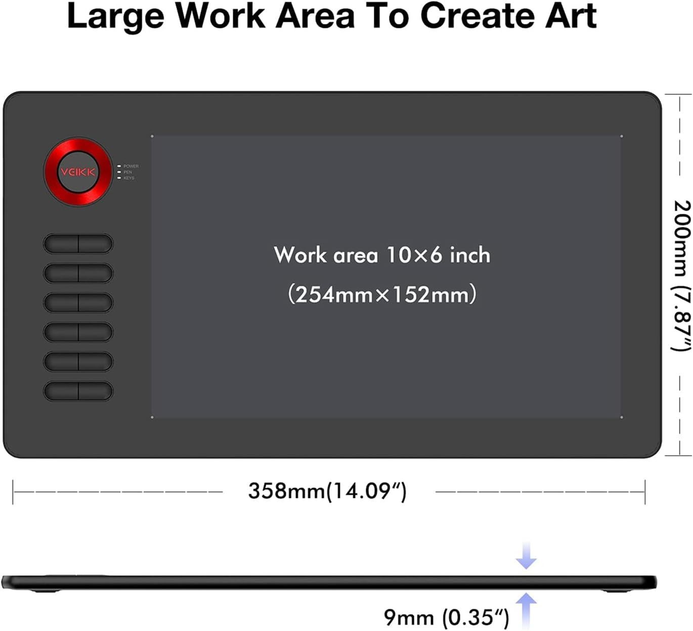 A15 Drawing Tablet Red 10x6" Wide 12 Keys Battery-Free Pen Linux/Android