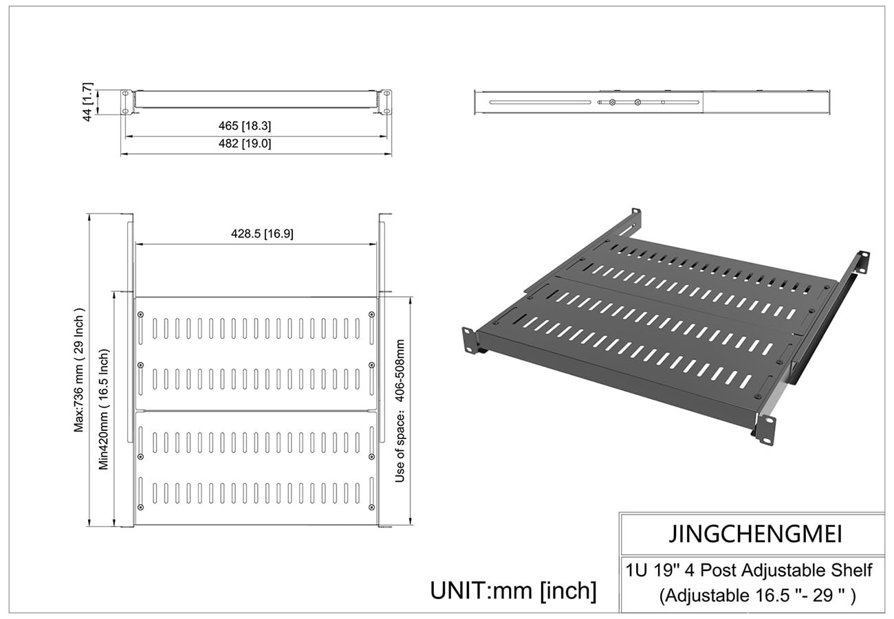 1U Vented 4-Post Adjustable Server Shelf- Universal Tray 16.5-29" Adjustable