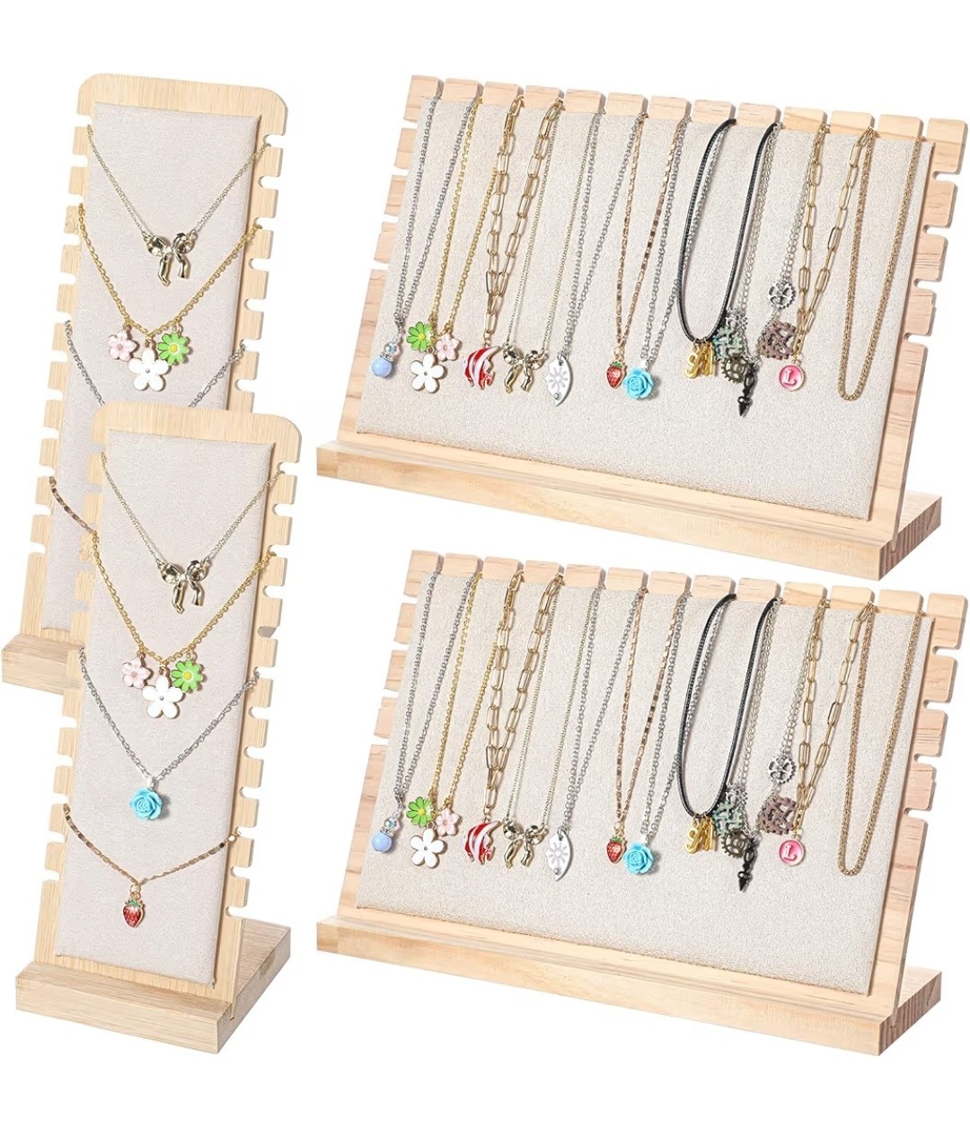 Bamboo Necklace Display Stand Set, Beige, 4pcs (2 Large & 2 Small)