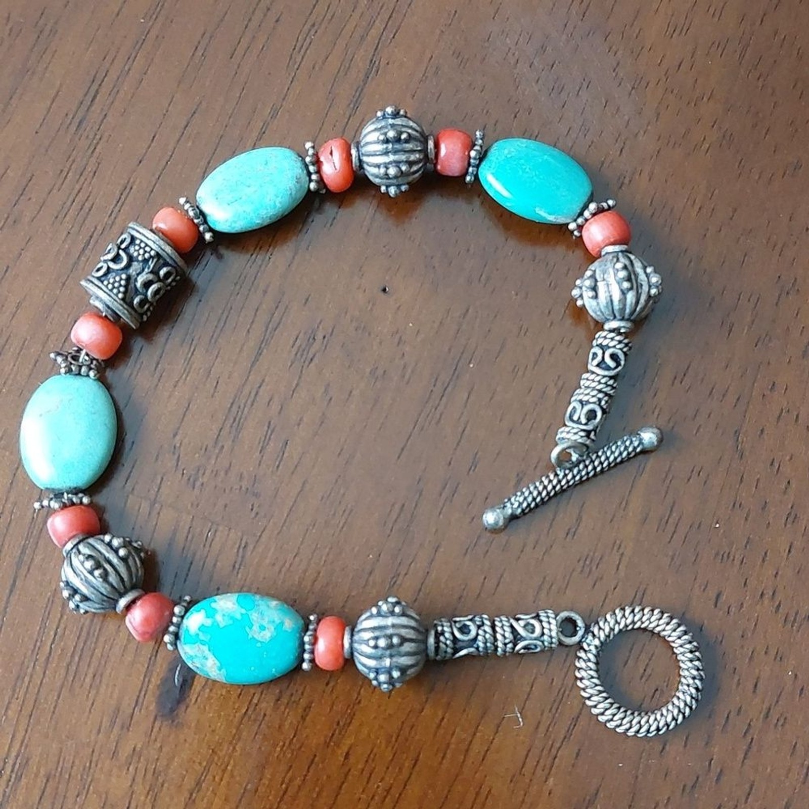 Howlite Turquoise Sponge Coral Bali Beads Silver Tone Toggle Bracelet Multistone