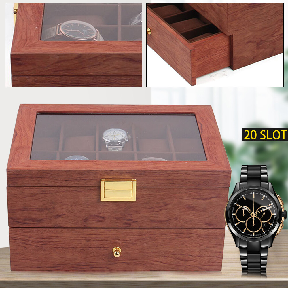 20-Slot Rosewood Watch Case Keep Display Tray Case Jewelry Storage Organizer Box