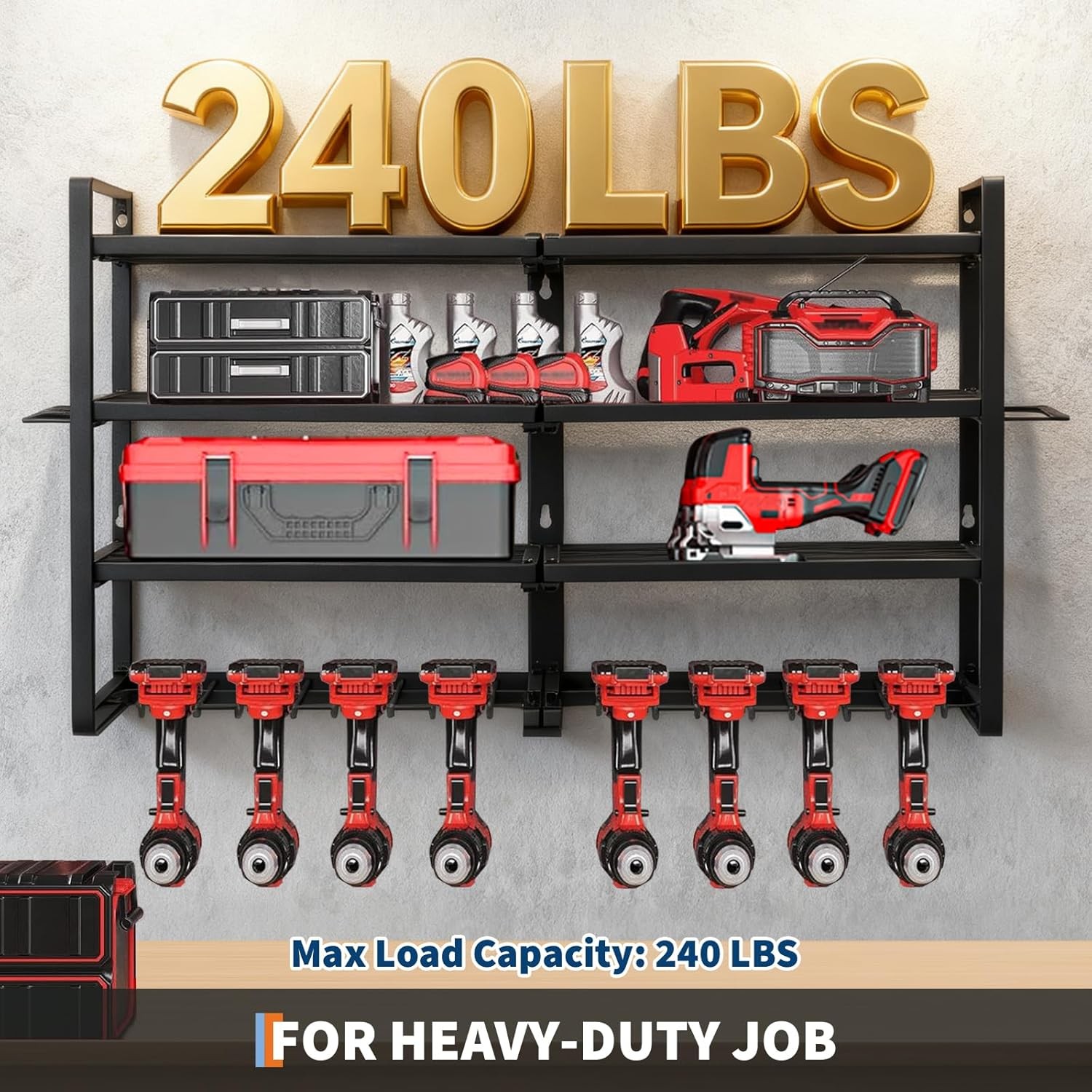 8 Drill Power Tool Organizer Wall Mount Garage Storage Rack 4-Layer Drill Holder