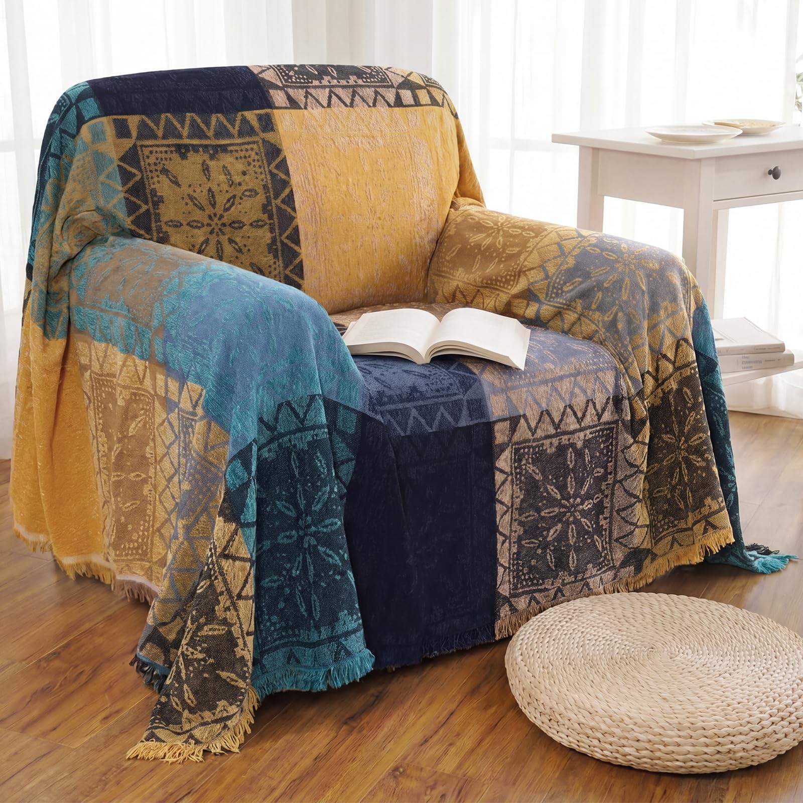 Boho Couch Cover Bohemian Throw Blanket Chenille Jacquard Tassels Throw Blank...