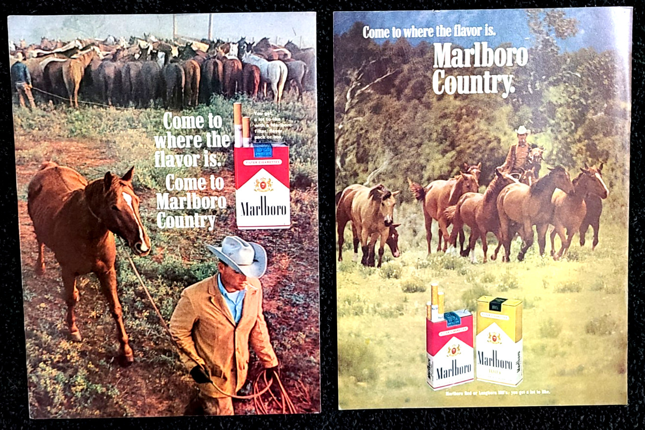 Marlboro Cigarettes Original 1960's Vintage Print Ad Wall Art Cowboys Horses