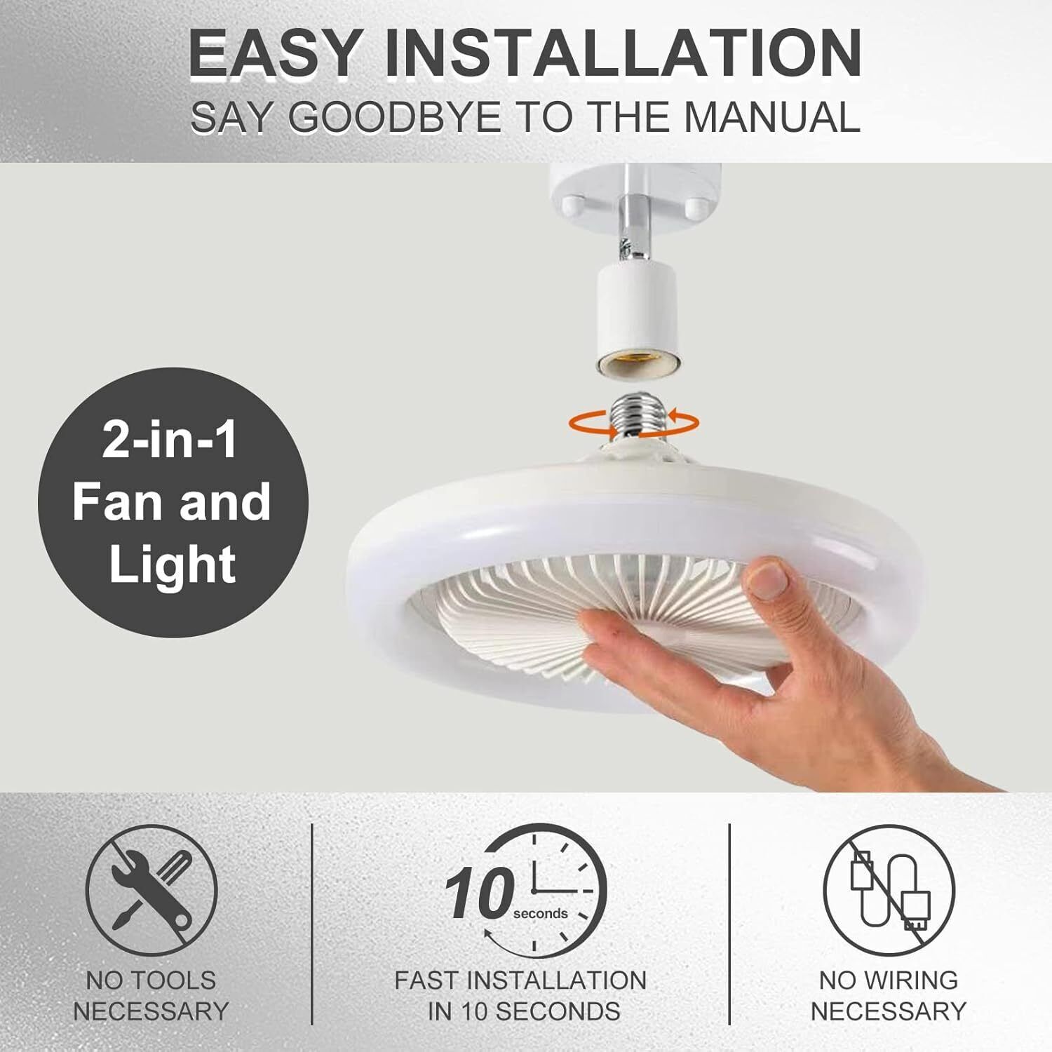 Small 11in Socket Bladeless Ceiling Fan & Dimmable LED/3 Speeds/Easy Install Fan