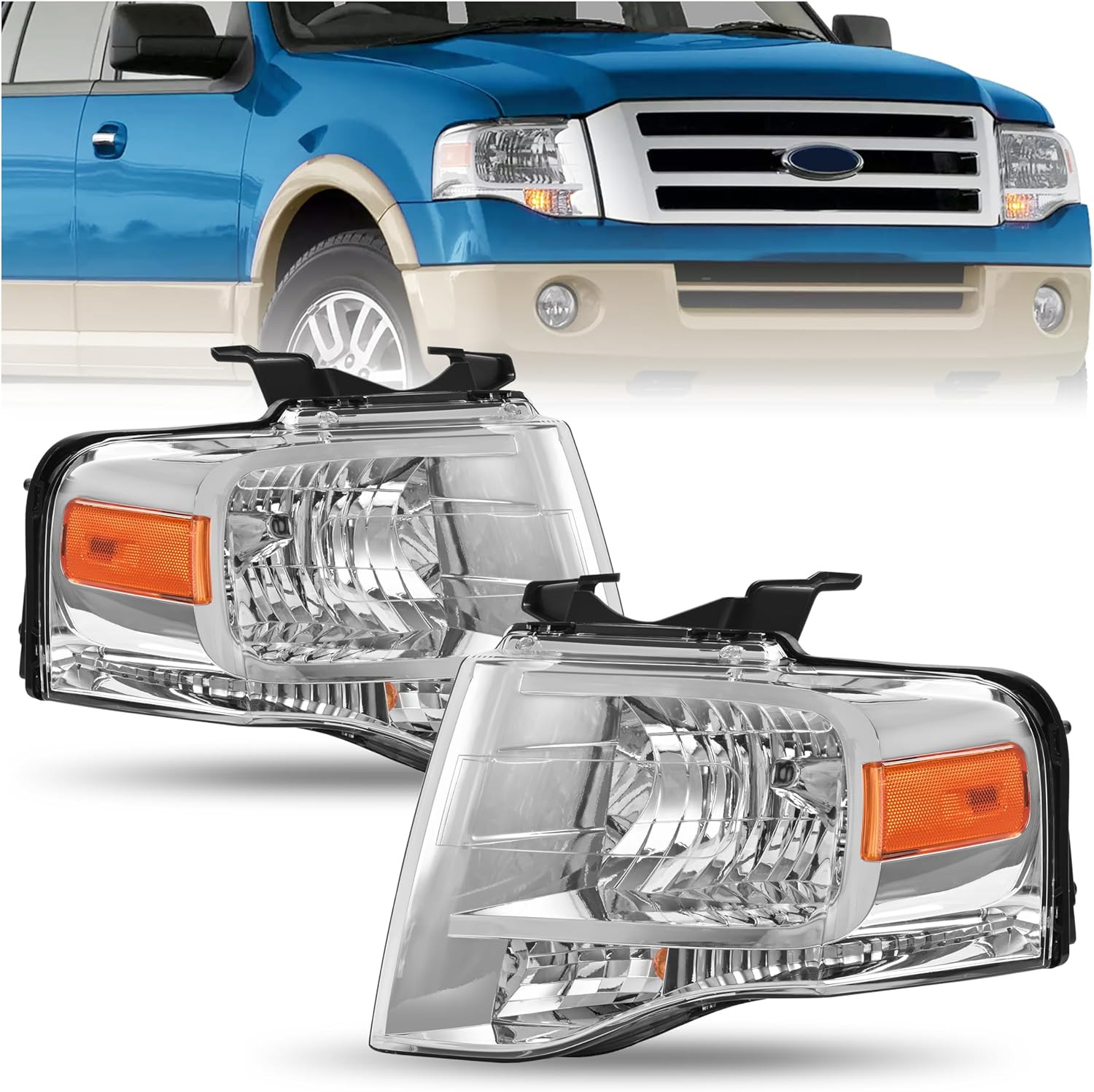 Pair Headlight Compatible with 2007-2014 Ford Expedition, Halogen Headlamp Front
