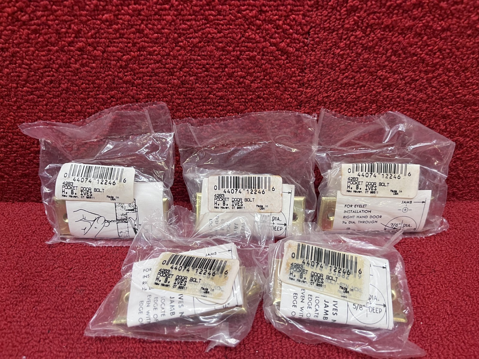 Open Box Lot of 5 Ives Pocket Sliding Door Bolt Brass #42B3 Good Condition