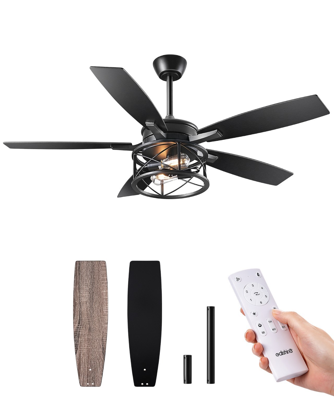 EDISHINE 52" Black Farmhouse Ceiling Fans W/ Lights,Dimmable,No Noise Only Wind