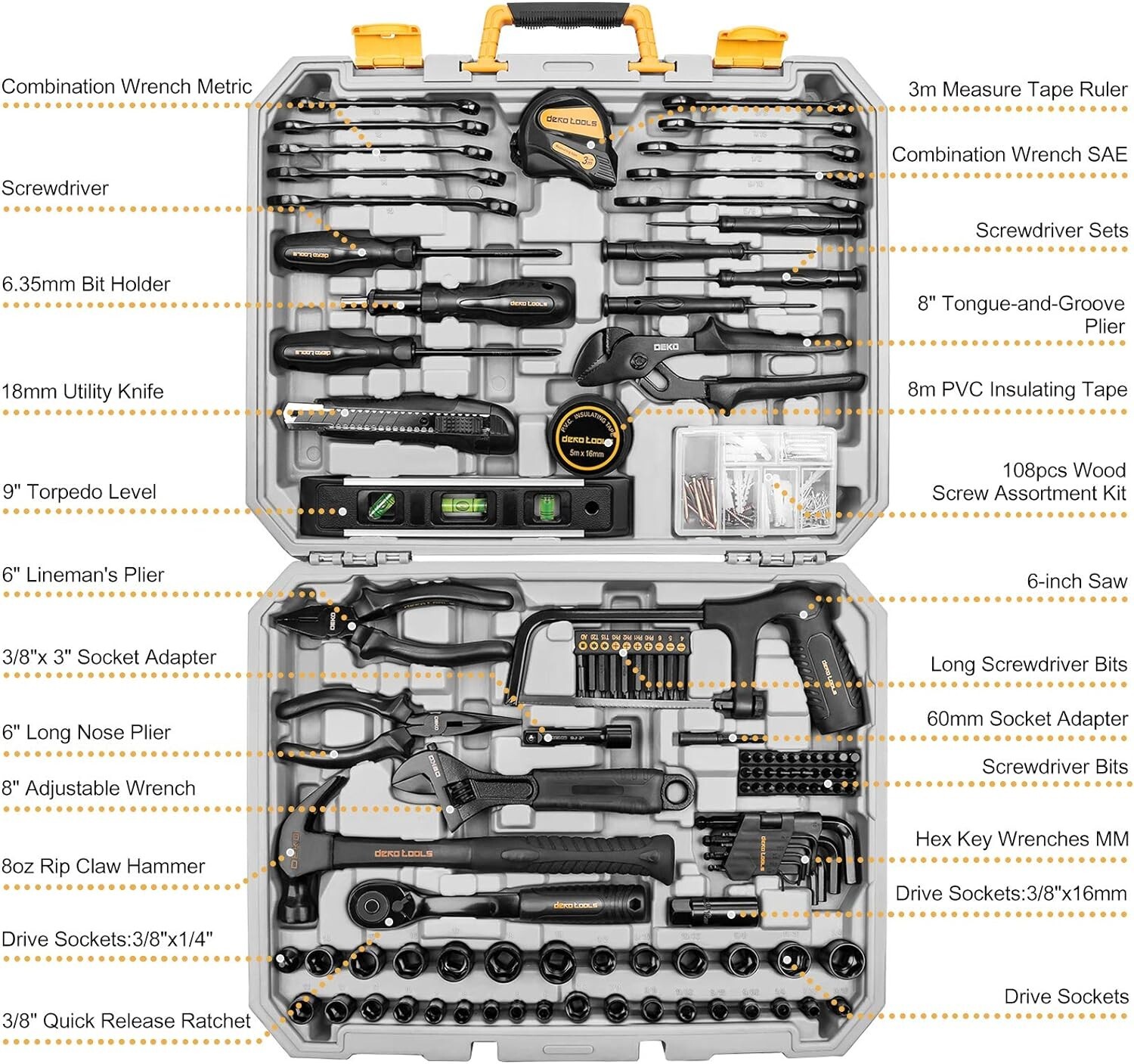 DEKO 218 PCS General Household Hand Tool Set Screwdriver Set,Socket Set
